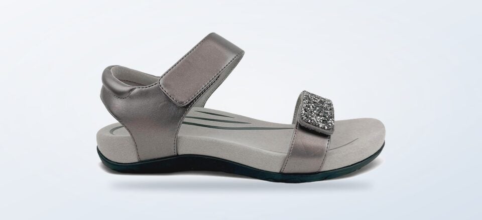 Aetrex Maria jeweled gunmetal sandal shown from the side