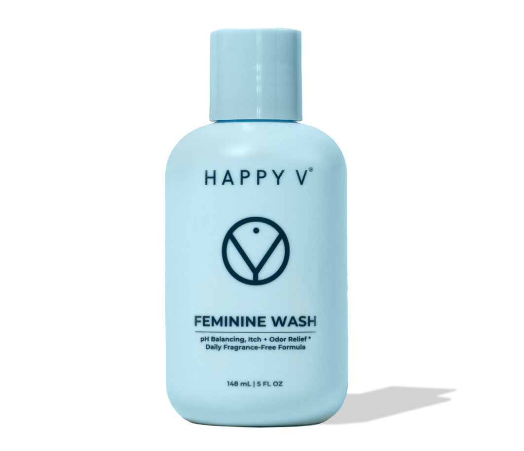 Happy V Feminine Wash bottle on a light background