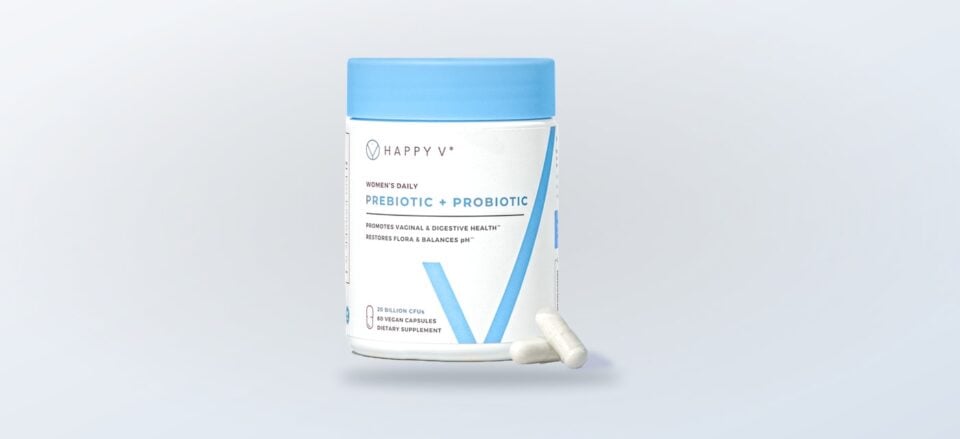 Happy V Prebiotic plus Probiotic bottle with capsules
