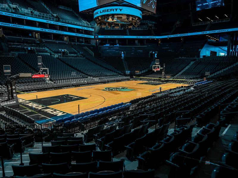 Empty Barclays Center court with the New York Liberty logo