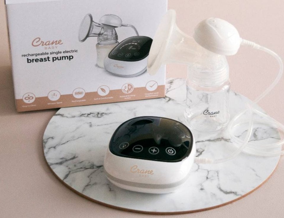 Rechargeable single electric breast pump on a counter