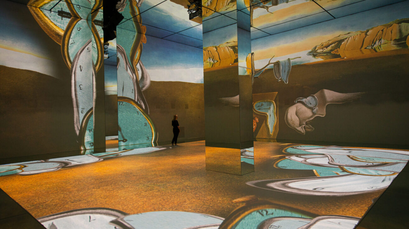 A surrealist artwork fills a Frameless projection gallery