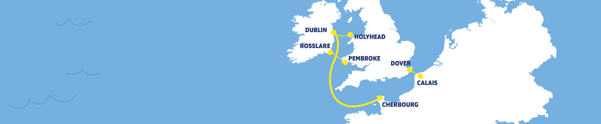 Map showing the Dublin to Cherbourg ferry route