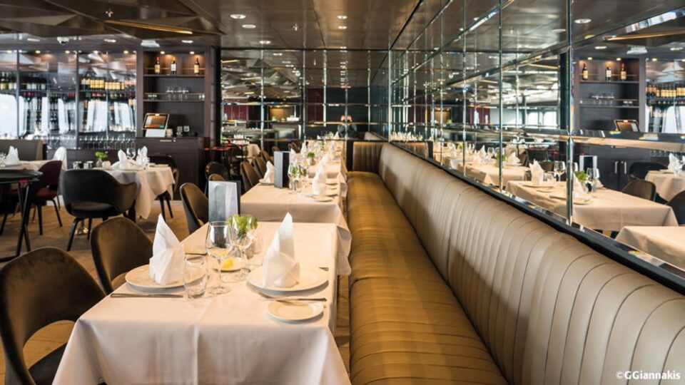 Dining room and lounge seating aboard the W. B. Yeats