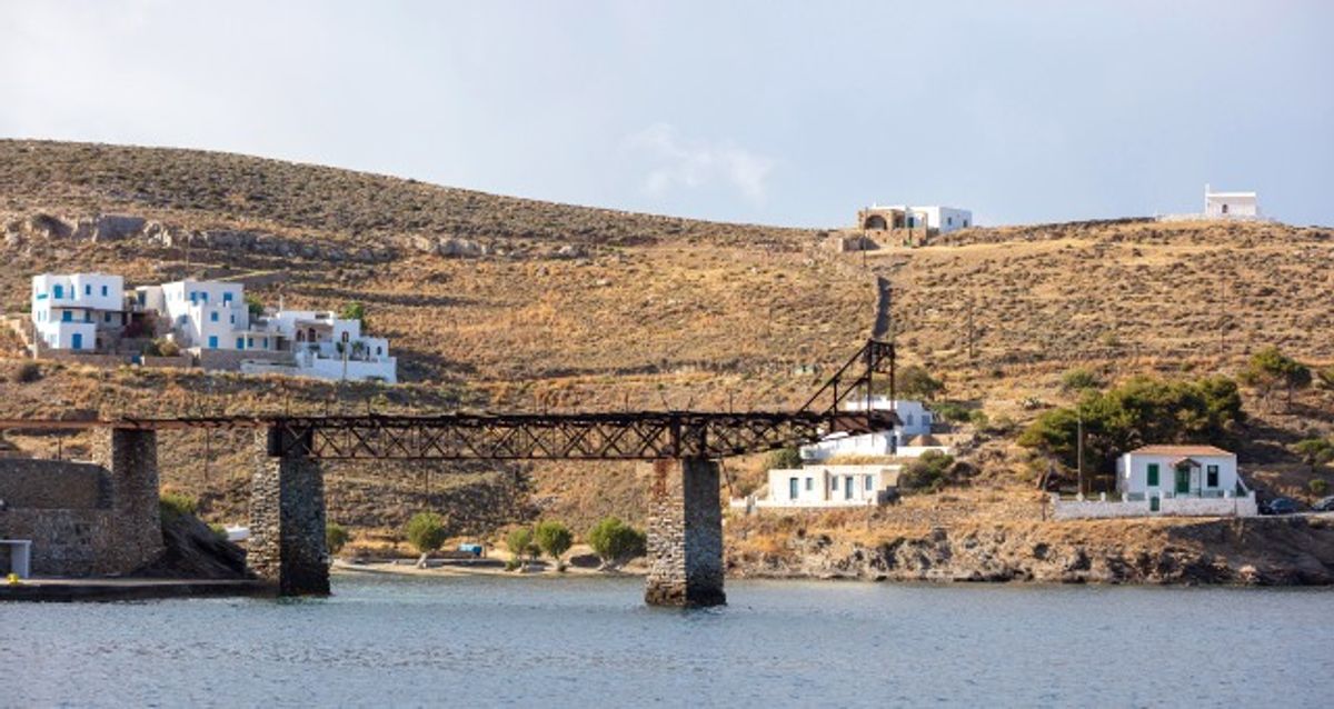 Old mine gantry beside the sea on Kythnos
