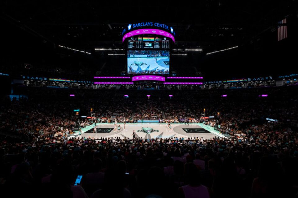 Fans watching New York Liberty basketball at Barclays Center