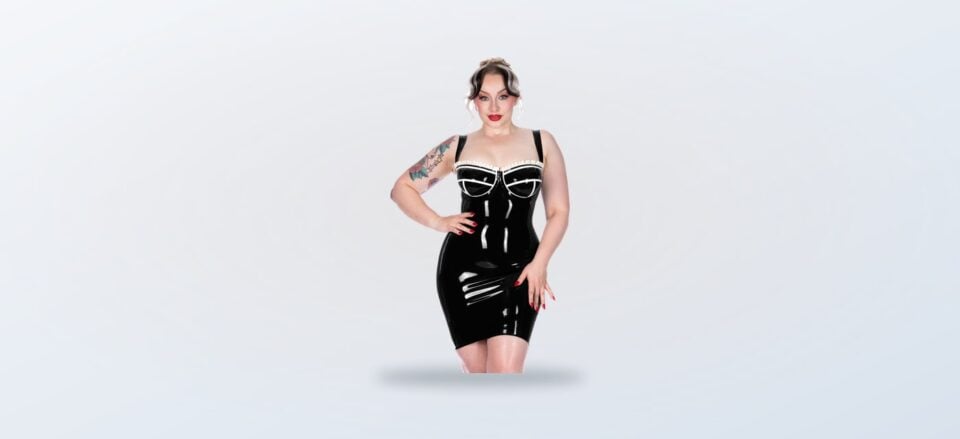 Model wearing the black Can-Can Dress with contrast trim