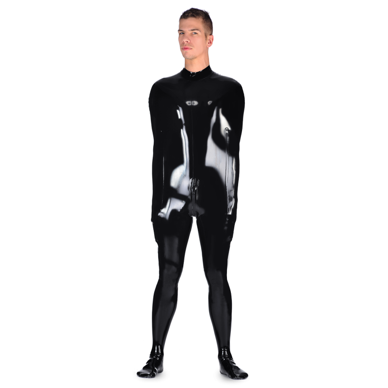 Model wearing the black Harmless Catsuit with arms held close to the body
