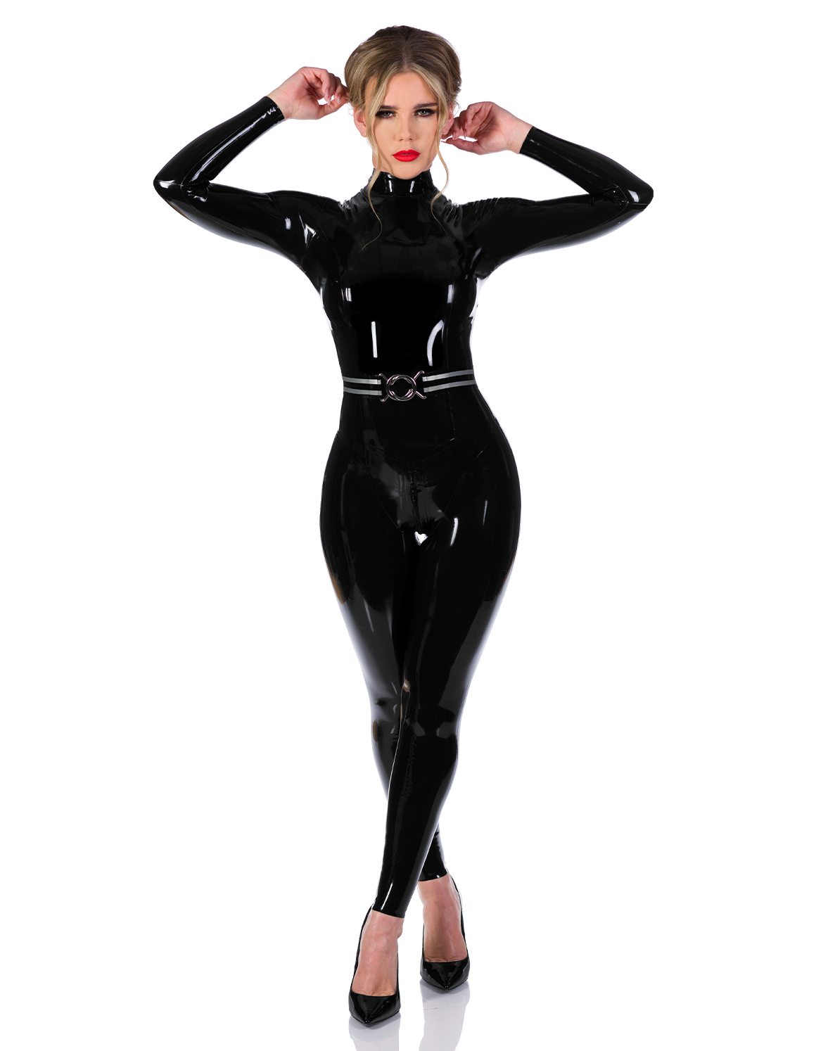 Model wearing a black Libidex catsuit with a sailor-style belt