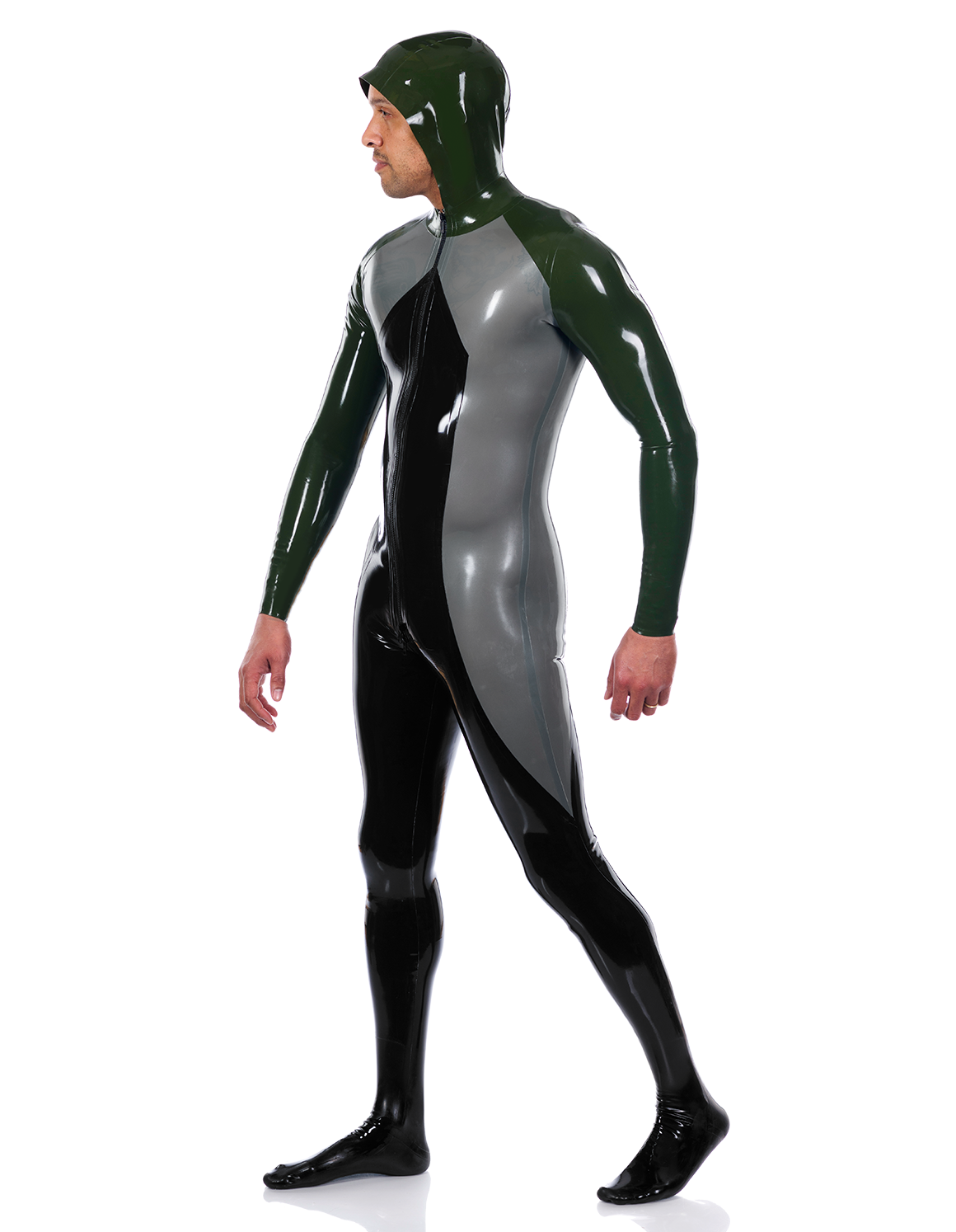 Model wearing a black latex catsuit with a sailor-style belt