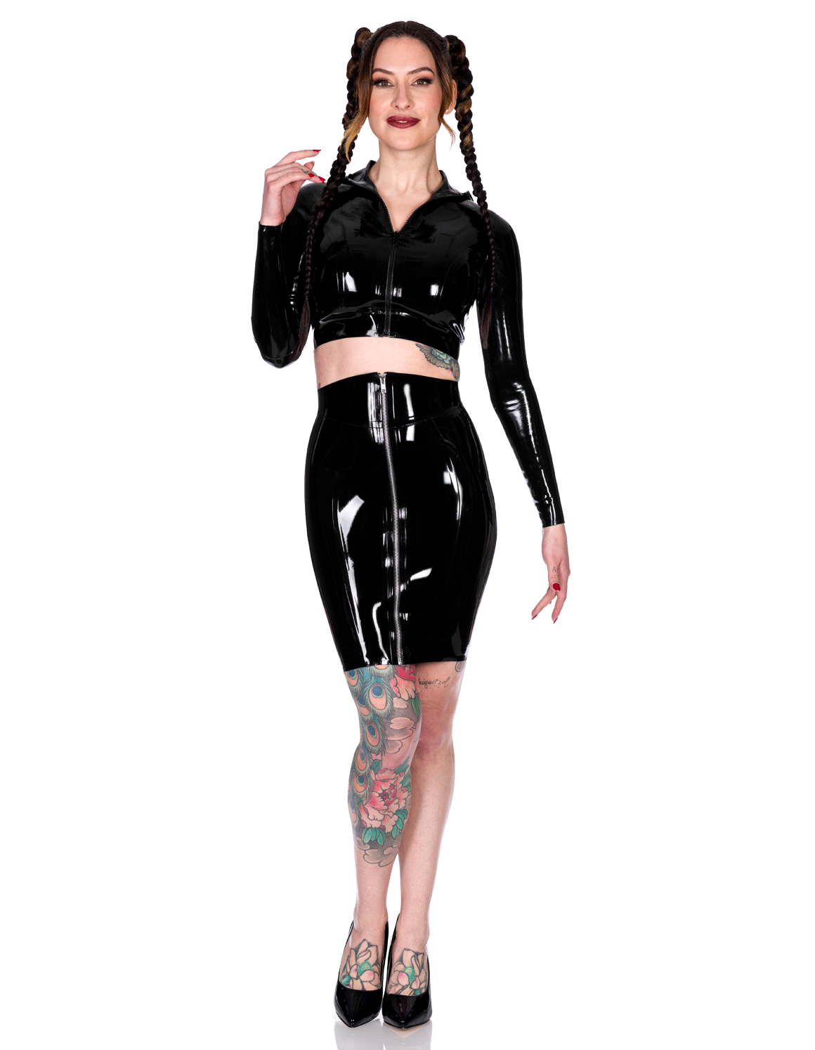 Model wearing the black Yolanda latex pencil skirt