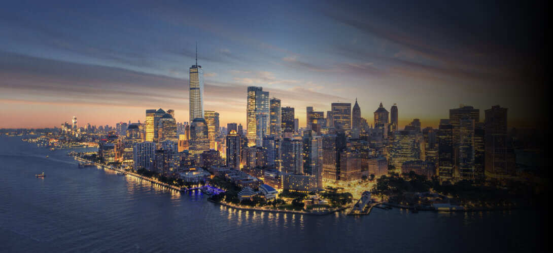 Aerial view of Lower Manhattan at dusk