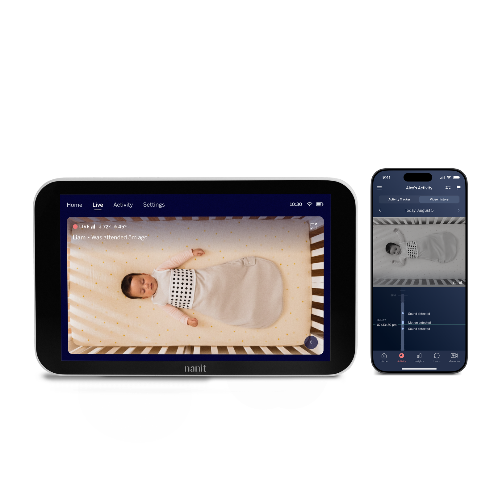 Nanit Sound + Light Machine beside its app