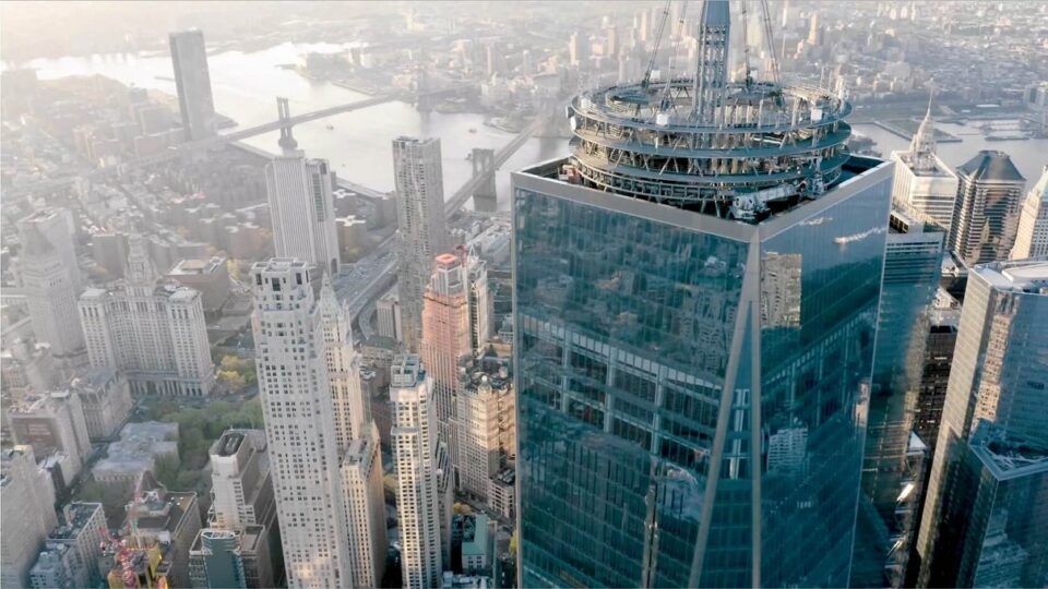 Aerial view of One World Trade Center rising above Lower Manhattan