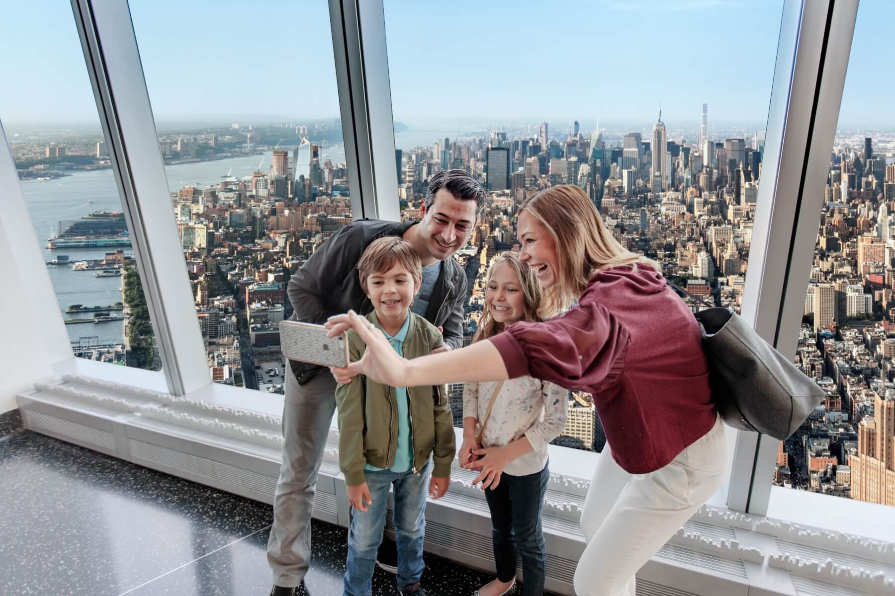 Visitors taking in the skyline at One World Observatory