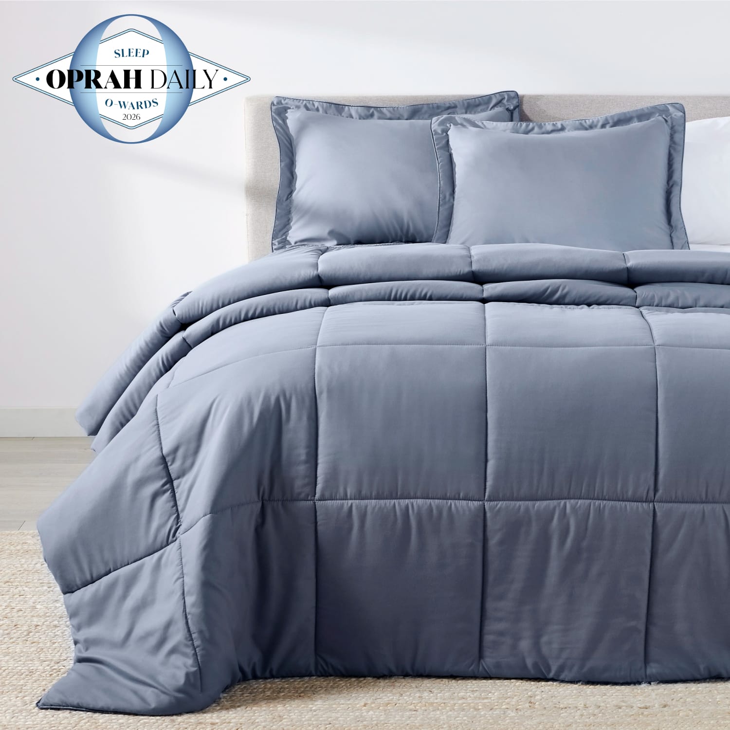 French Blue oversized comforter set displayed on a bed