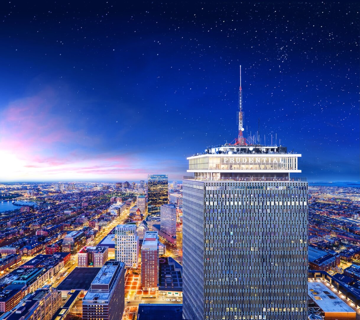 Panoramic Boston skyline seen from View Boston