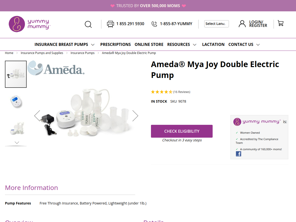 Ameda Mya Joy double electric pump shown on a product page