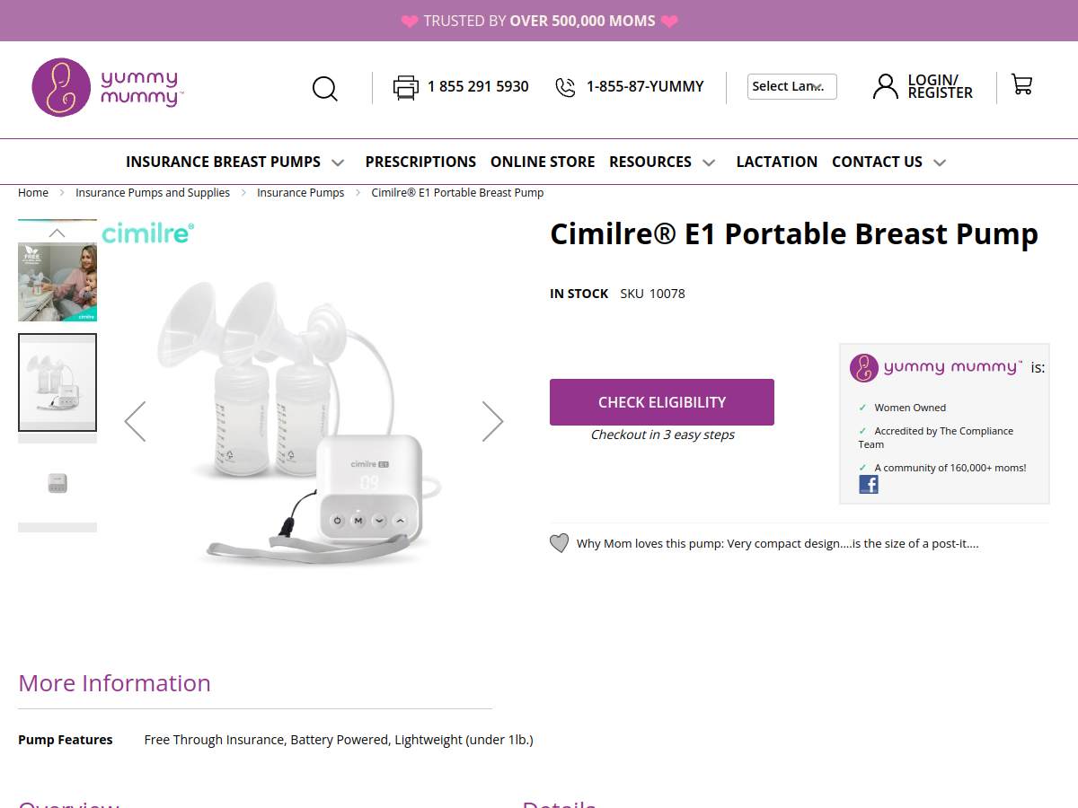 Cimilre E1 portable breast pump shown on a product page