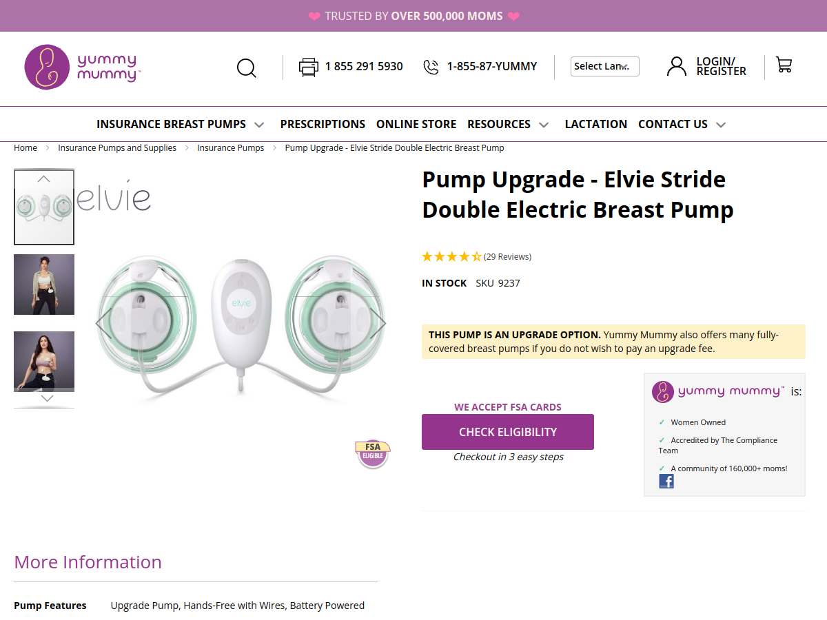 Elvie double electric breast pump shown on its product page