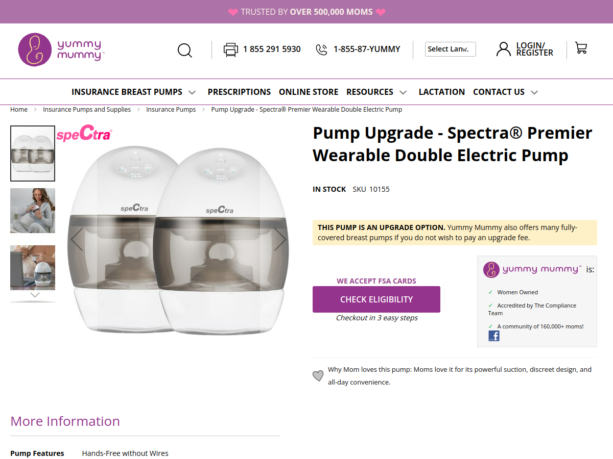 Spectra Premier wearable double electric breast pump shown on a product page