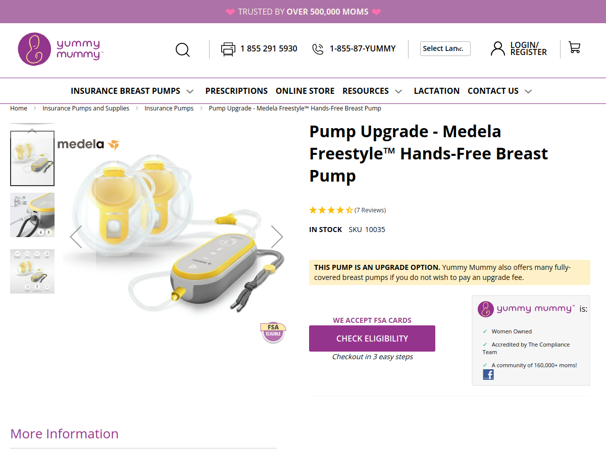Medela Freestyle Hands-free breast pump on a product page